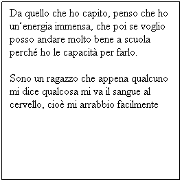 Casella di testo: Da quello che ho capito, penso che ho un‘energia immensa, che poi se voglio posso andare molto bene a scuola perché ho le capacità per farlo.
Sono un ragazzo che appena qualcuno mi dice qualcosa mi va il sangue al cervello, cioè mi arrabbio facilmente